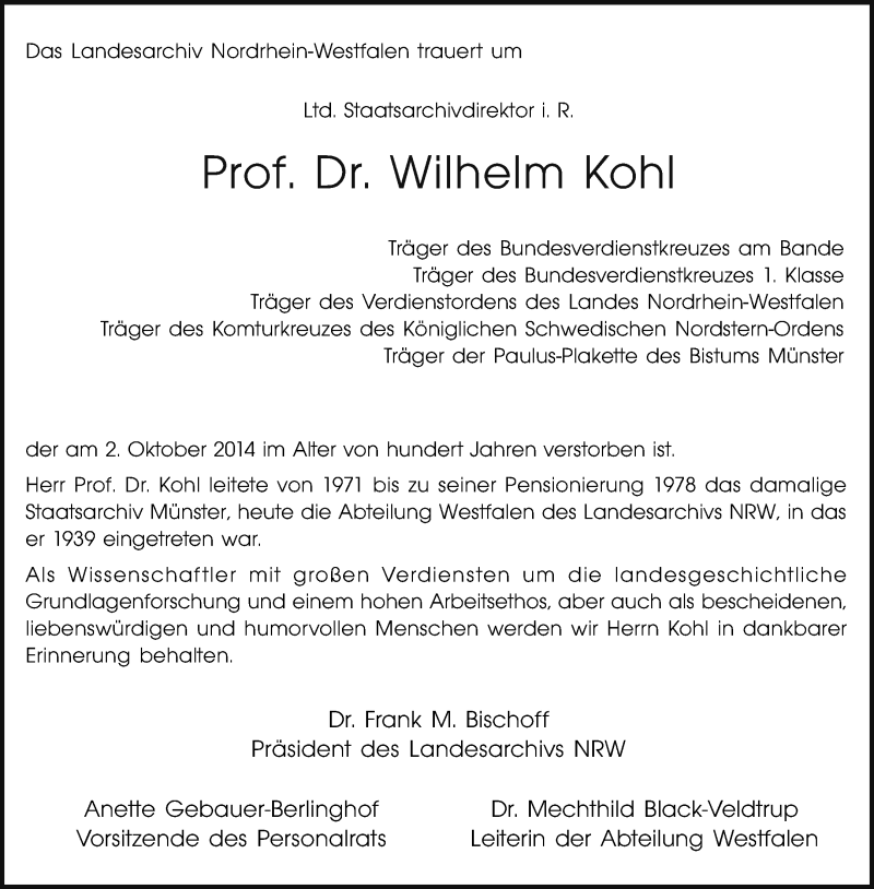  Traueranzeige für Wilhelm Kohl vom 06.10.2014 aus Münstersche Zeitung und Grevener Zeitung