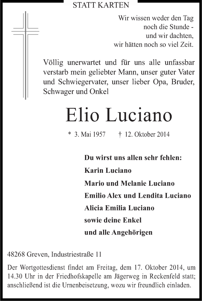  Traueranzeige für Elio Luciano vom 14.10.2014 aus Münstersche Zeitung und Grevener Zeitung