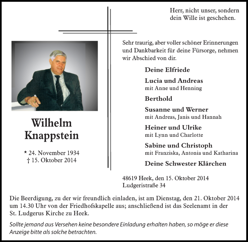  Traueranzeige für Wilhelm Knappstein vom 17.10.2014 aus 