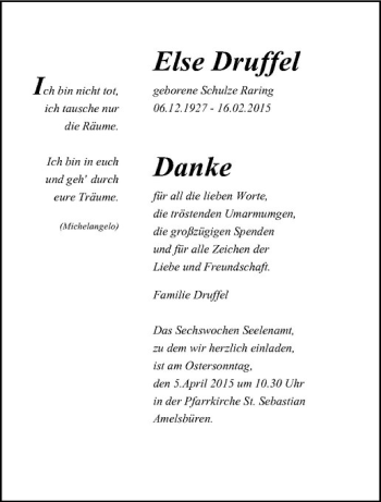 Anzeige von Else Druffel von Westfälische Nachrichten