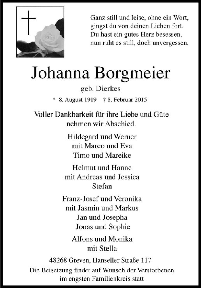  Traueranzeige für Johanna Borgmeier vom 11.02.2015 aus Westfälische Nachrichten