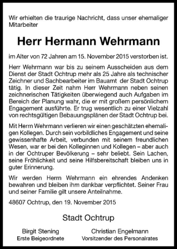Anzeige von Hermann Wehrmann von Westfälische Nachrichten