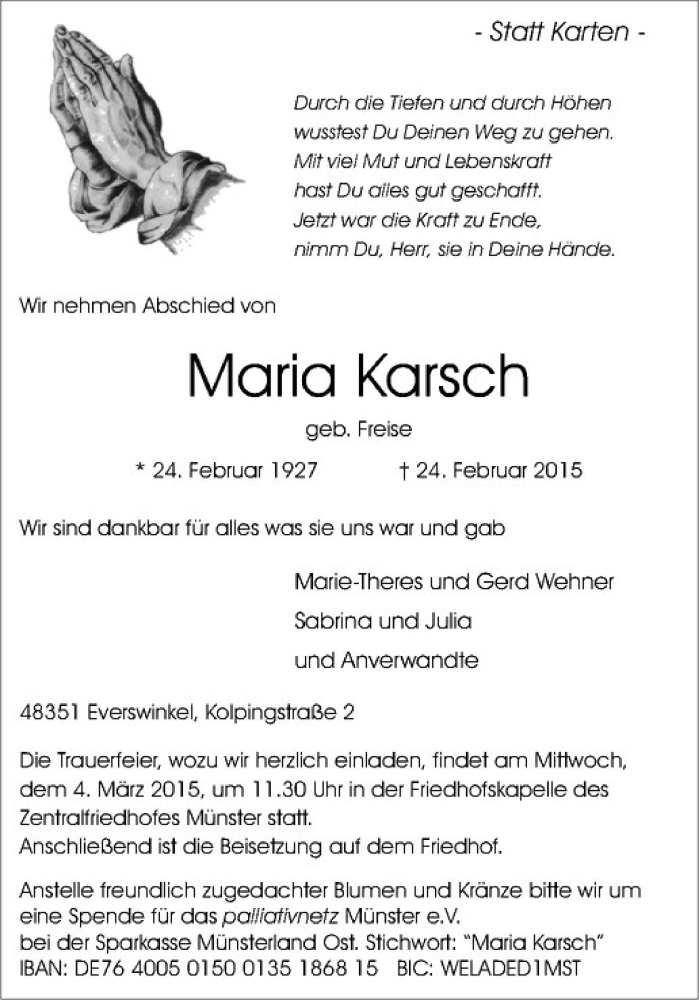  Traueranzeige für Maria Karsch vom 27.02.2015 aus Westfälische Nachrichten