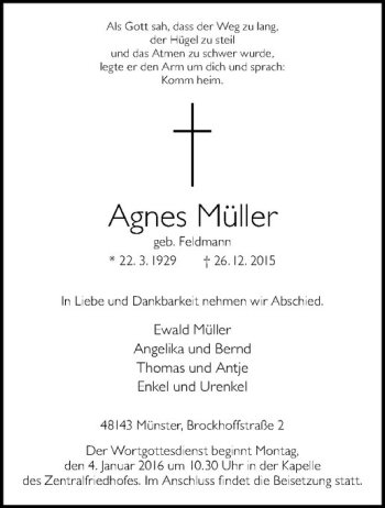 Anzeige von Agnes Müller von Westfälische Nachrichten