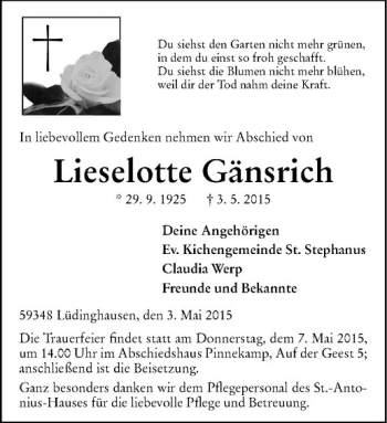 Anzeige von Lieselotte Gänsrich von Westfälische Nachrichten