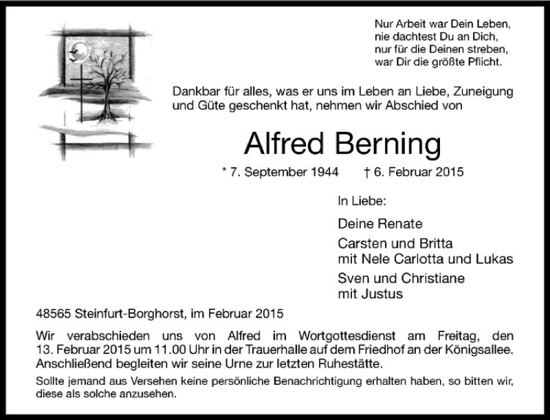  Traueranzeige für Alfred Berning vom 11.02.2015 aus Westfälische Nachrichten