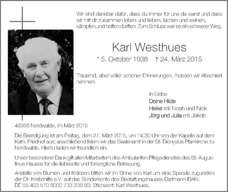  Traueranzeige für Karl Westhues vom 26.03.2015 aus Westfälische Nachrichten