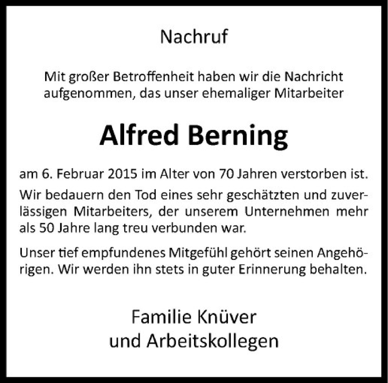  Traueranzeige für Alfred Berning vom 12.02.2015 aus Westfälische Nachrichten