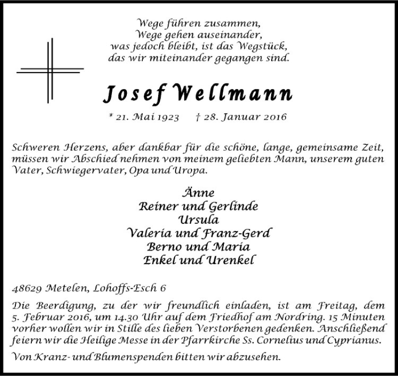  Traueranzeige für Josef Wellmann vom 02.02.2016 aus Westfälische Nachrichten
