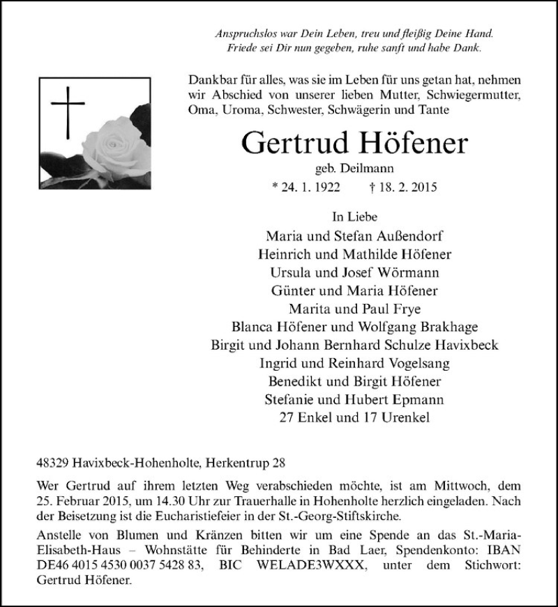  Traueranzeige für Gertrud Höfener vom 21.02.2015 aus Westfälische Nachrichten