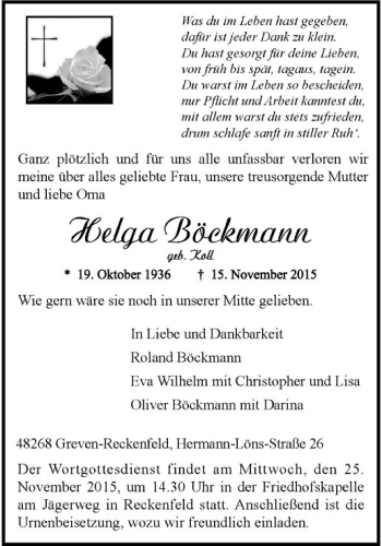 Anzeige von Helga Böckmann von Westfälische Nachrichten