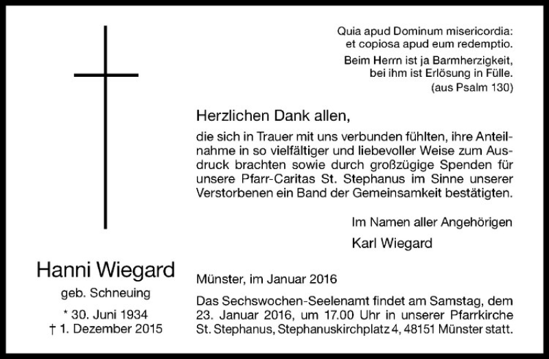  Traueranzeige für Hanni Wiegard vom 16.01.2016 aus Westfälische Nachrichten