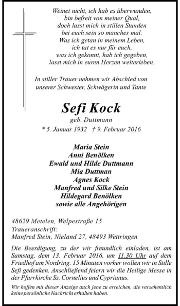 Anzeige von Sefi Kock von Westfälische Nachrichten