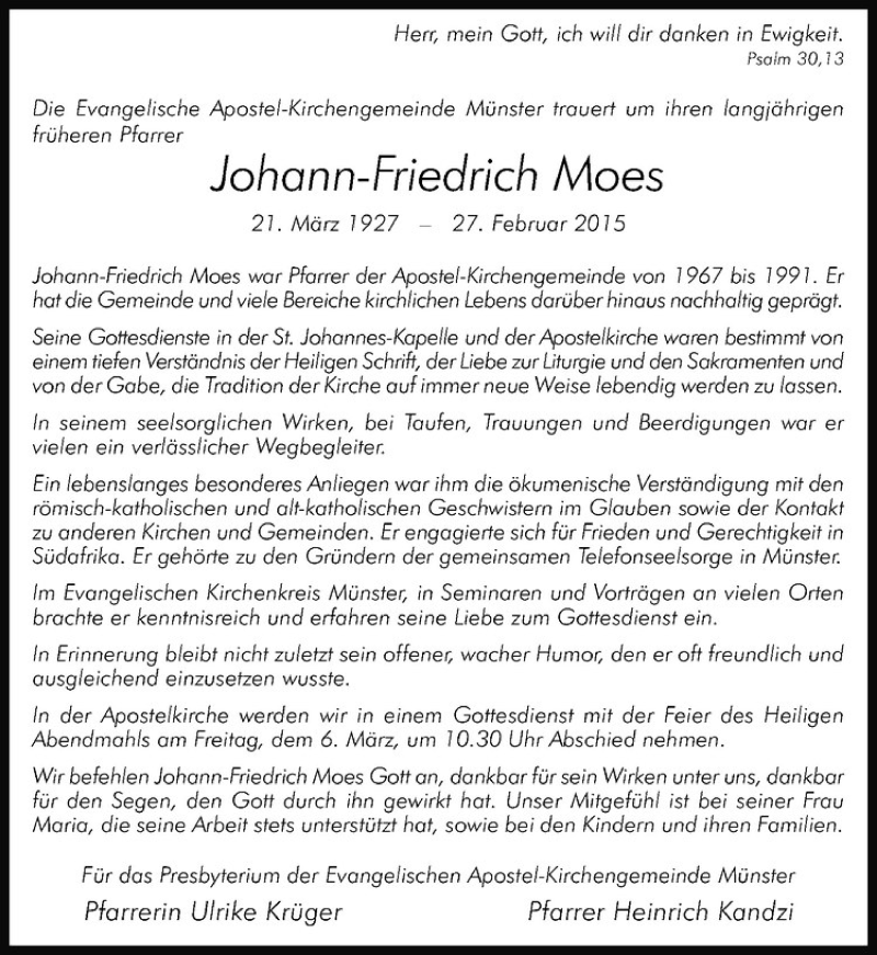  Traueranzeige für Johann-Friedrich Moes vom 04.03.2015 aus Westfälische Nachrichten