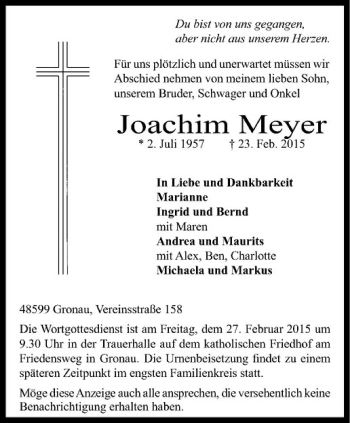 Anzeige von Joachim Meyer von Westfälische Nachrichten