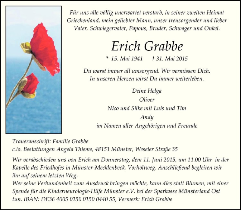  Traueranzeige für Erich Grabbe vom 09.06.2015 aus Westfälische Nachrichten