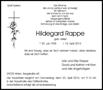 Anzeige von Hildegard Rappe von Westfälische Nachrichten