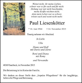 Anzeige von Paul Liesenkötter von Westfälische Nachrichten