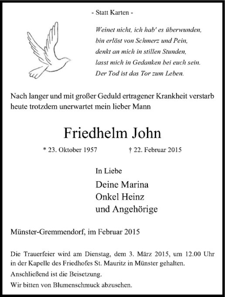  Traueranzeige für Friedhelm John vom 25.02.2015 aus Westfälische Nachrichten