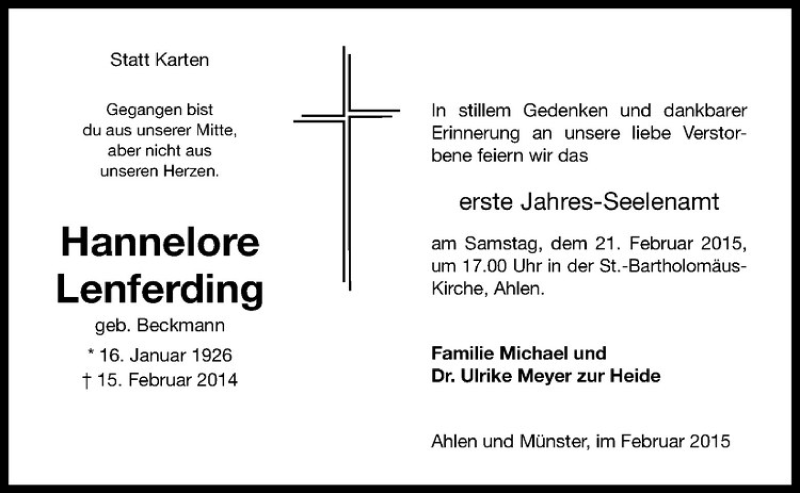  Traueranzeige für Hannelore Lenferding vom 18.02.2015 aus Westfälische Nachrichten