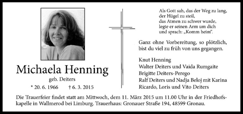  Traueranzeige für Michaela Henning vom 10.03.2015 aus Westfälische Nachrichten