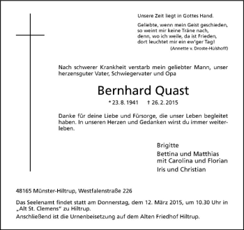 Anzeige von Bernhard Quast von Westfälische Nachrichten