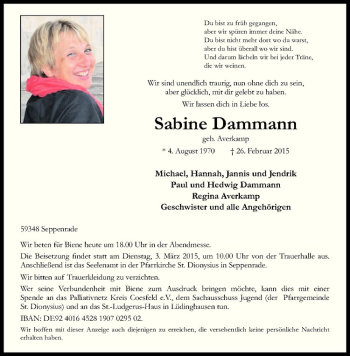 Anzeige von Sabine Dammann von Westfälische Nachrichten