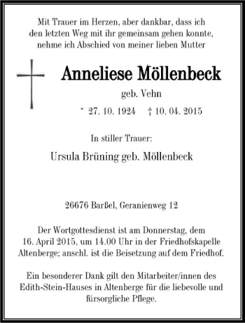 Anzeige von Anneliese Möllenbeck von Westfälische Nachrichten