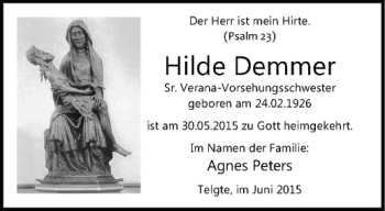 Anzeige von Hilde Demmer von Westfälische Nachrichten