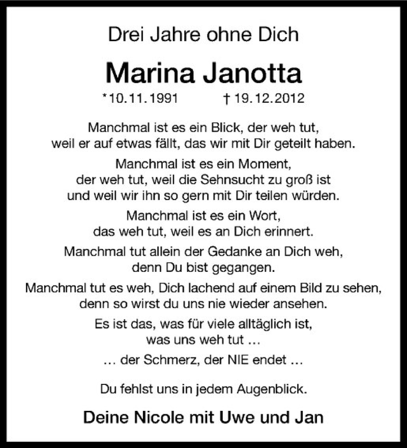  Traueranzeige für Marina Janotta vom 19.12.2015 aus Westfälische Nachrichten