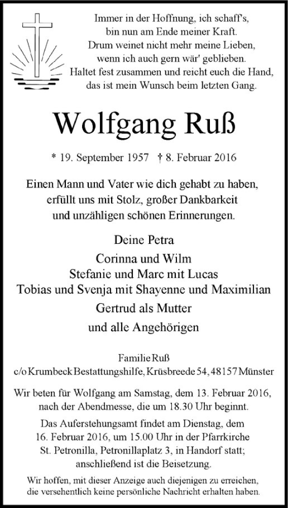  Traueranzeige für Wolfgang Ruß vom 12.02.2016 aus Westfälische Nachrichten