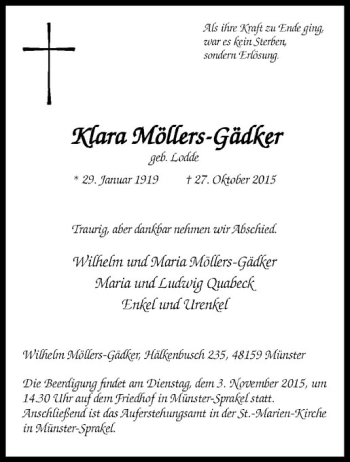 Anzeige von Klara Möllers-Gädker von Westfälische Nachrichten