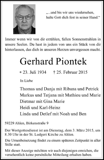 Anzeige von Gerhard Piontek von Westfälische Nachrichten