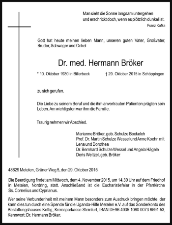Anzeige von Hermann Bröker von Westfälische Nachrichten