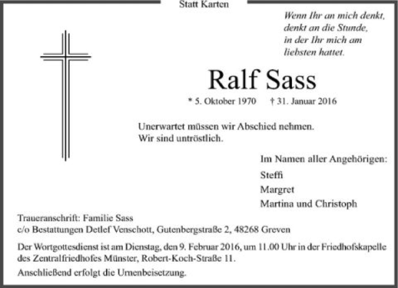  Traueranzeige für Ralf Sass vom 06.02.2016 aus Westfälische Nachrichten