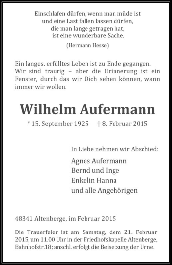 Anzeige von Wilhelm Aufermann von Westfälische Nachrichten