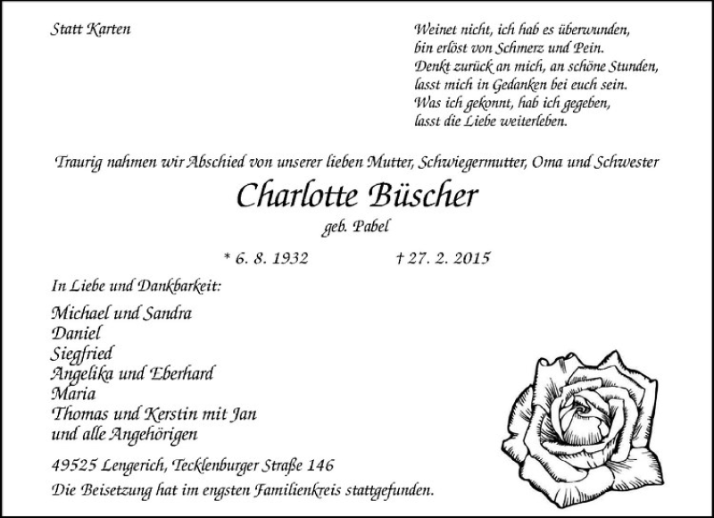  Traueranzeige für Charlotte Büscher vom 11.03.2015 aus Westfälische Nachrichten