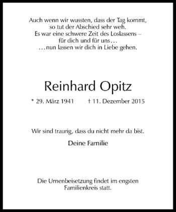 Anzeige von Reinhard Opitz von Westfälische Nachrichten