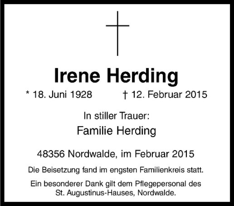  Traueranzeige für Irene Herding vom 18.02.2015 aus Westfälische Nachrichten
