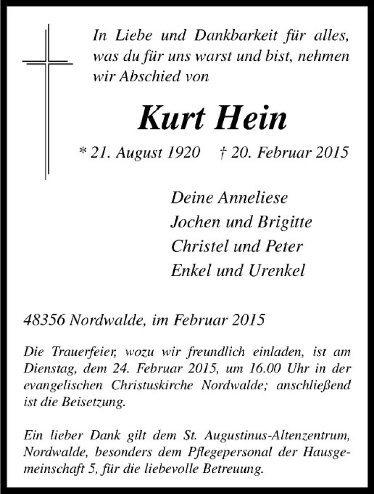  Traueranzeige für Kurt Hein vom 23.02.2015 aus Westfälische Nachrichten
