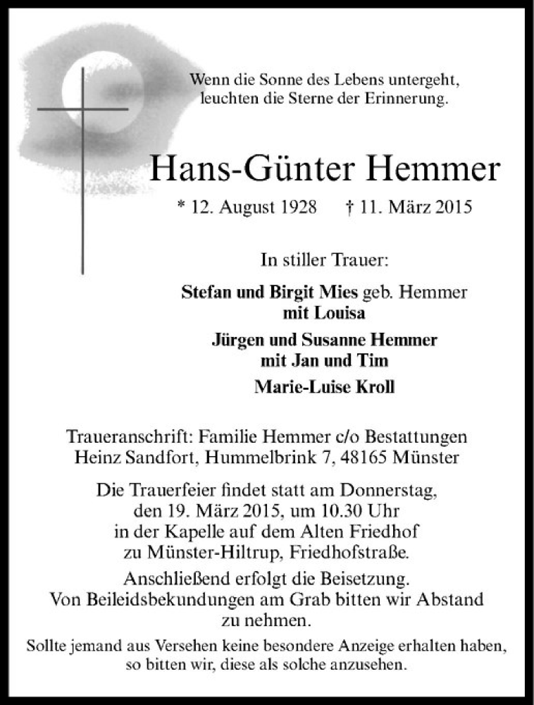  Traueranzeige für Hans-Günter Hemmer vom 14.03.2015 aus Westfälische Nachrichten