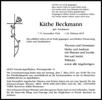 Anzeige von Käthe Beckmann von Westfälische Nachrichten