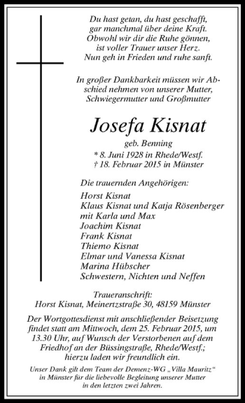 Anzeige von Josefa Kisnat von Westfälische Nachrichten