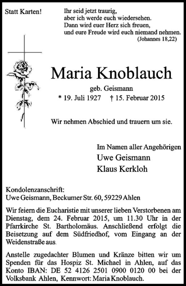  Traueranzeige für Maria Knoblauch vom 19.02.2015 aus Westfälische Nachrichten