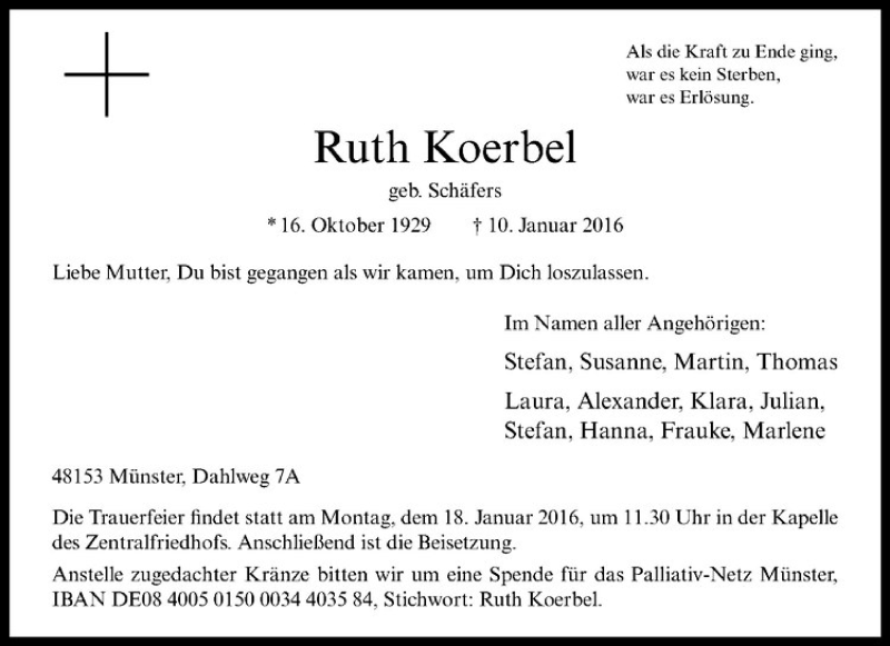  Traueranzeige für Ruth Koerbel vom 13.01.2016 aus Westfälische Nachrichten