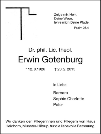 Anzeige von Erwin Gotenburg von Westfälische Nachrichten