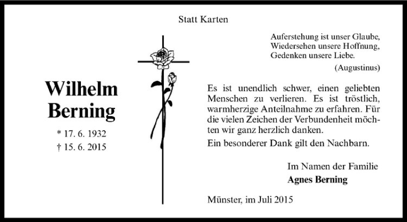  Traueranzeige für Wilhelm Berning vom 25.07.2015 aus Westfälische Nachrichten