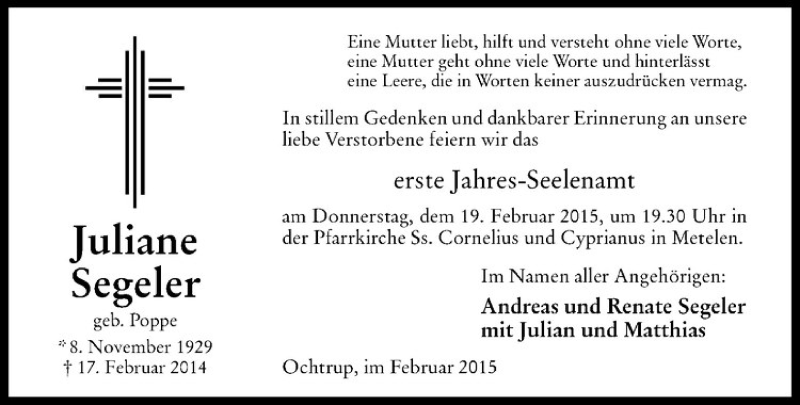  Traueranzeige für Juliane Segeler vom 14.02.2015 aus Westfälische Nachrichten