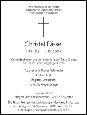 Anzeige von Christel Dissel von Westfälische Nachrichten
