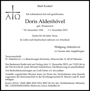 Anzeige von Doris Aldenhövel von Westfälische Nachrichten